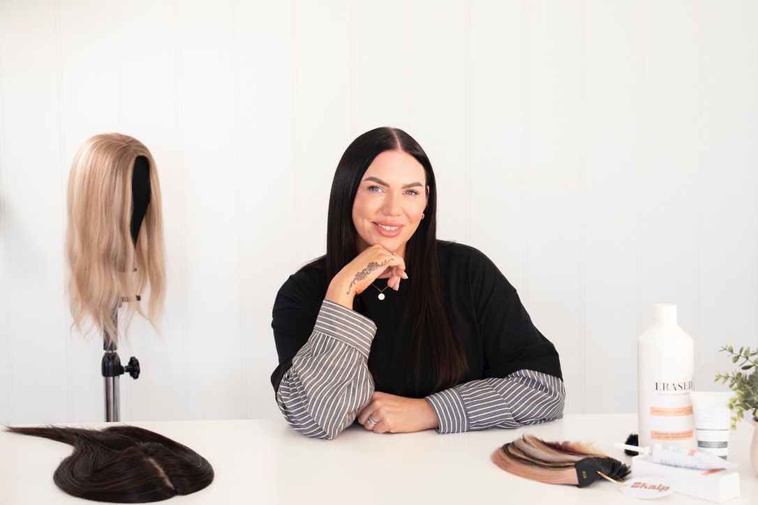 Meghan at the Skalp360 academy with hair systems and Serenity products